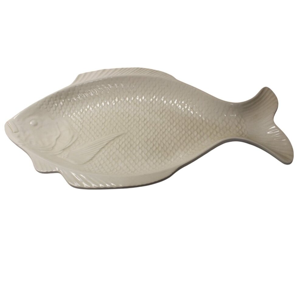 White Porcelain Fish Shaped Serving Platter Finely Detailed Made In Japan